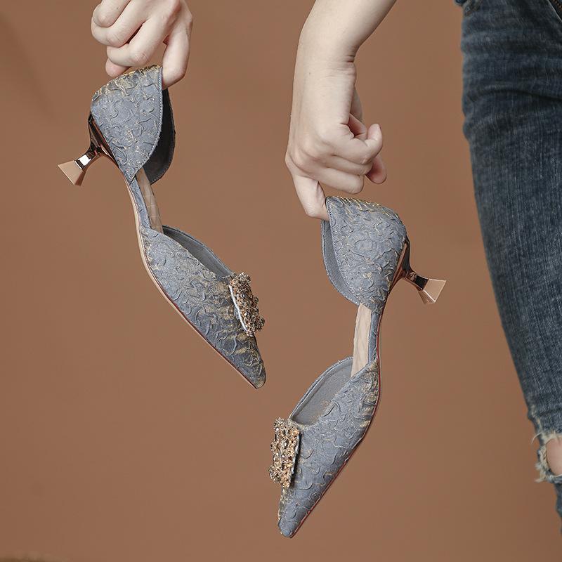 2025 New Baotou Sandals Women's Middle Heel Summer Pointed Thin Heel Fairy Wind Small High Heel Fashion Hollow Single Shoes