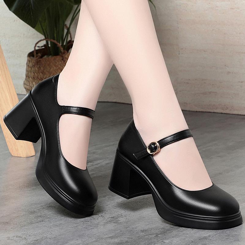 

Винтажные 3см 7см Дышащие С мелким вырезом Элегантные Офисные Женские Туфли на среднем блочном каблуке Весна 2025 Мягкая кожа Мэри Джейнс Черные 40