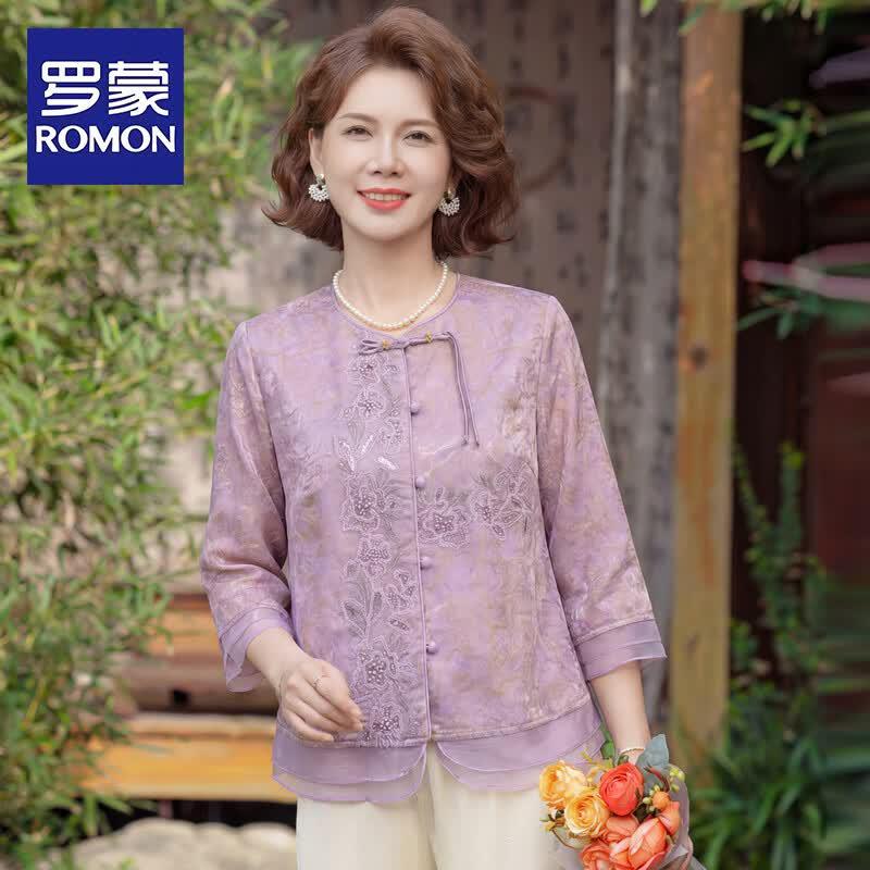 ROMON New Chinese Style Mid-Sleeve Blouse for Mothers 3XL фиолетовый