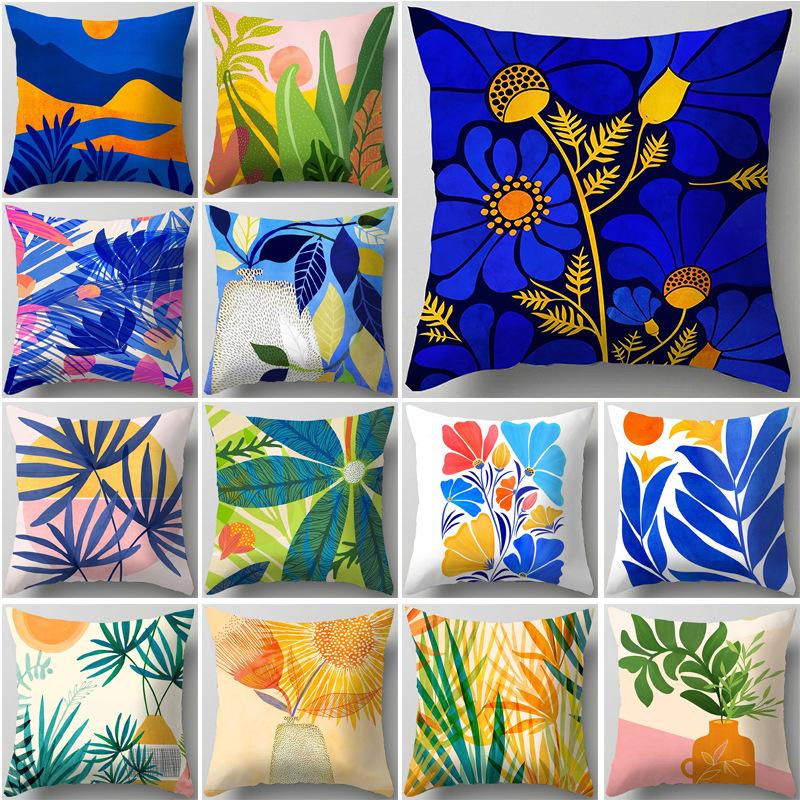 Blue Flower and Leaf Pattern Nordic Style Living Room Sofa Office Cushion Cover Home Decor Waist Pillow