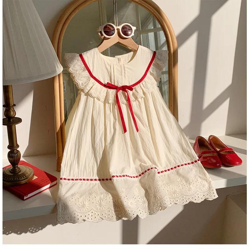 Dress Korean Lace Summer Round Neck Lace Cute and Sweet Buttful Knot Princess Dress Kids Clothes Girls