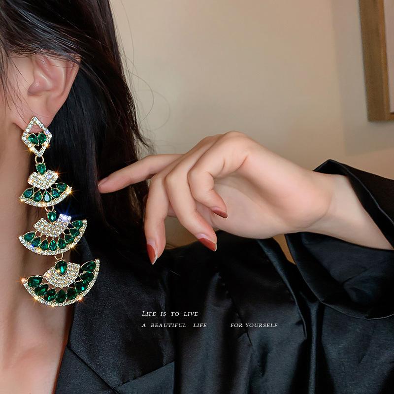 Silver Needle Diamond Fan Earrings Women's Long Exaggerated Earrings Ethnic Style Earrings Women