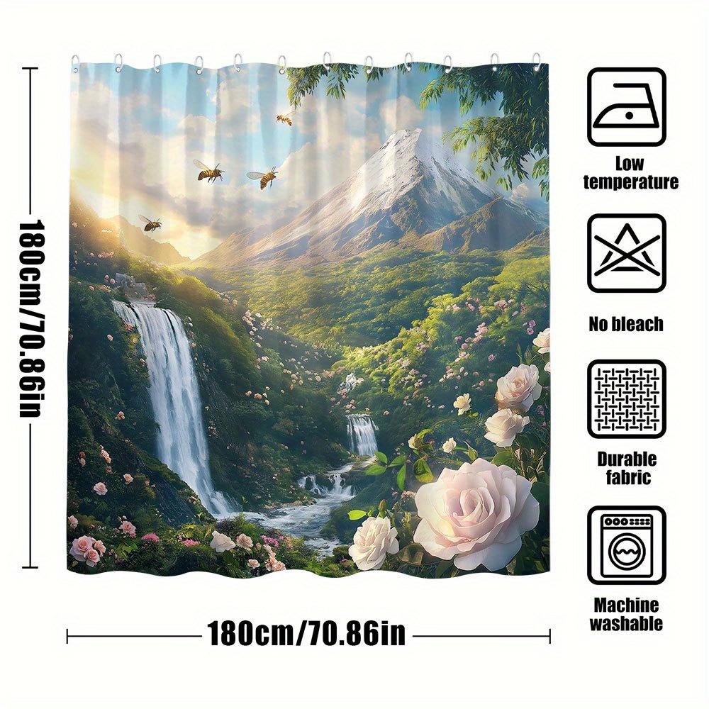 Scenic Shower Curtain - Waterfall & Mountain Theme, Nature Landscape with Sunshine, Polyester Fabric, Bathroom Decor