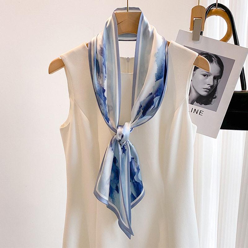 Blue oil painting neck small long silk scarf women's spring and summer shirt high-end scarf new bag headband