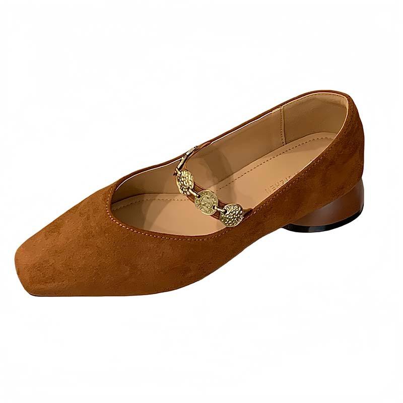 Green shoes shoes women's 2025 new autumn and winter suede square head gold coin chain velvet Mary Jane women's shoes