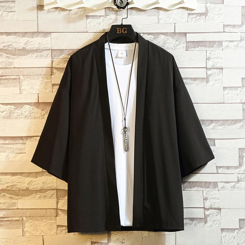 

Мужская куртка-кардиган из тонкого ледяного шелка с рукавами-семиточками, весна-осень, большие размеры XS чёрный