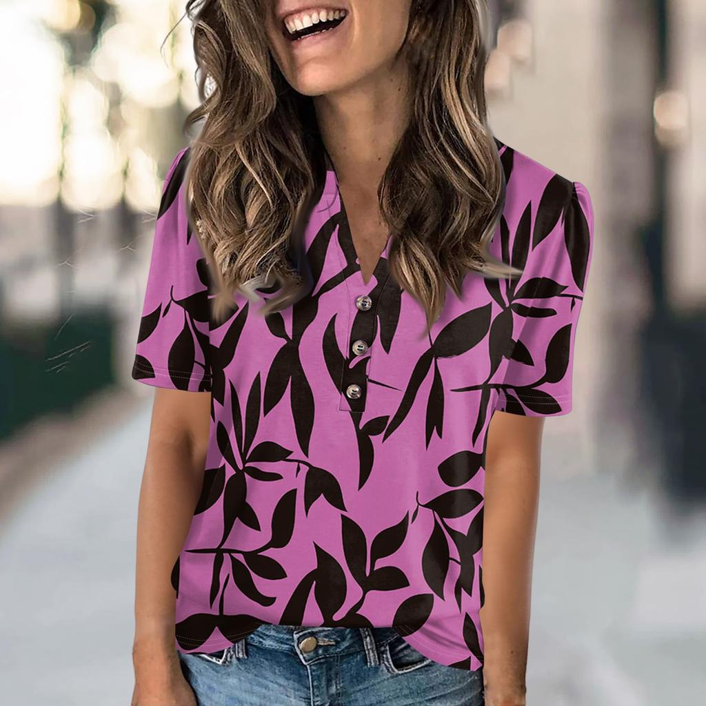 Hauts d'été pour femmes, mode décontractée avec imprimés floraux, col en V, manches courtes, t-shirt boutonné