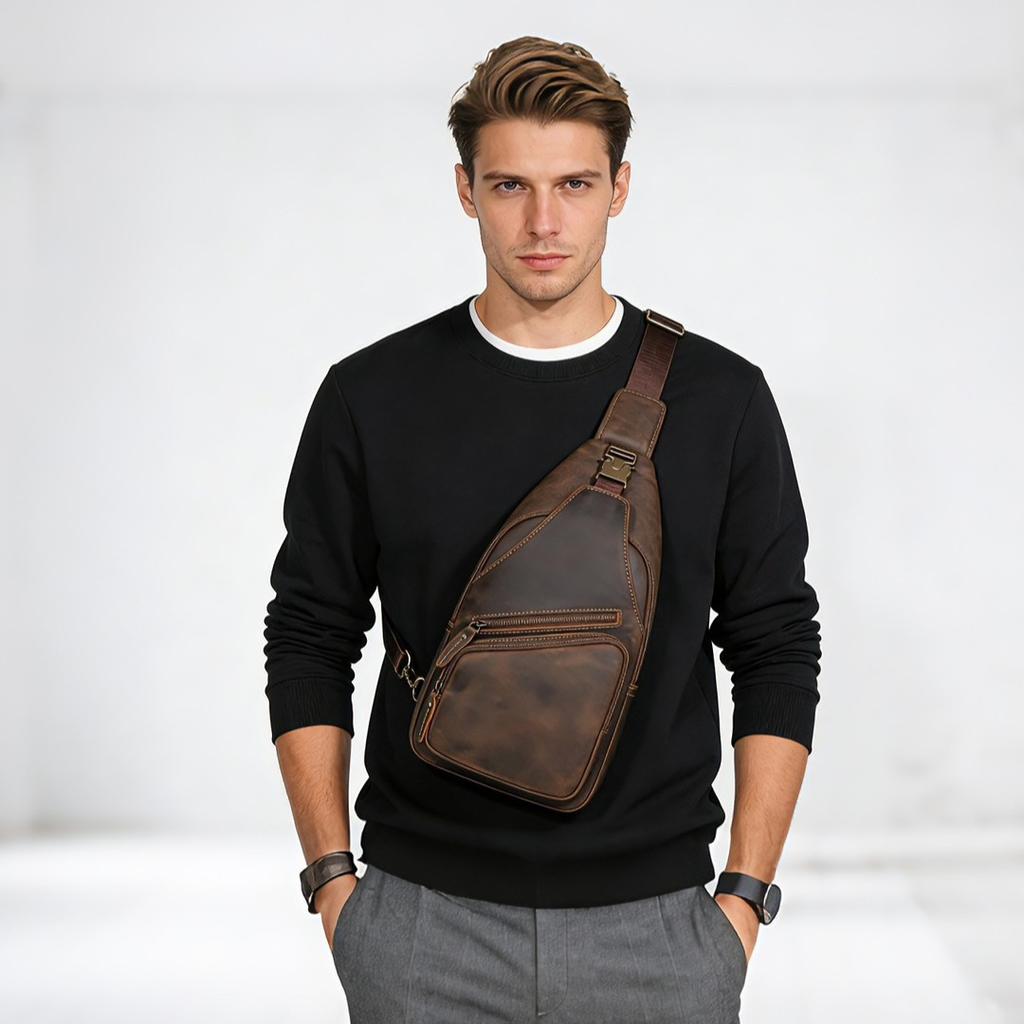 Leather Sports Chest Bag for Men, Multifunctional Single Shoulder Outdoor Large Capacity Crossbody Bag, European and American Retro Crazy Horse