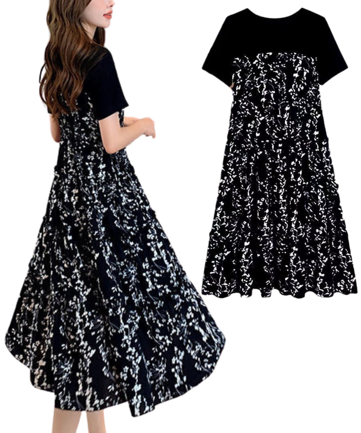 

Green Pachira Summer Plus Short Floral Below the Round Wanpi Women s Dress, Size, Sleeve, Print, Casual, T-Shirt Print, A-Line, Chiffon, Spring, чёрный