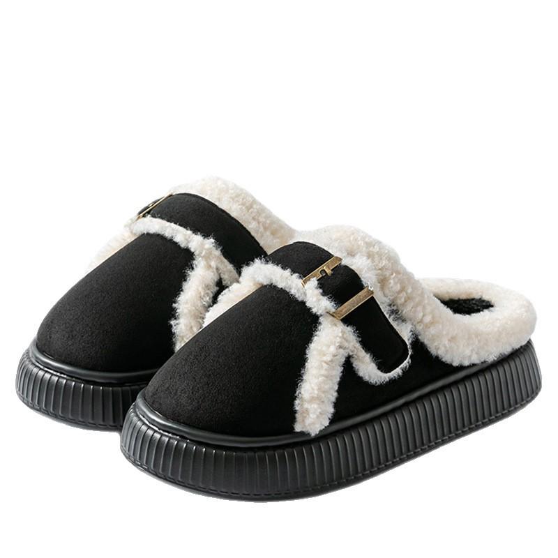Thick Plush Warm Slippers, Women's Fashionable Buckle Home Anti-slip Cotton Shoes