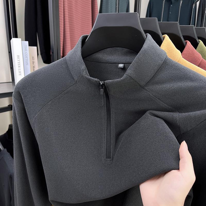 Men's Thick German Velvet Warm Half-Zip Stand Collar Sweatshirt - Solid Color Autumn/Winter