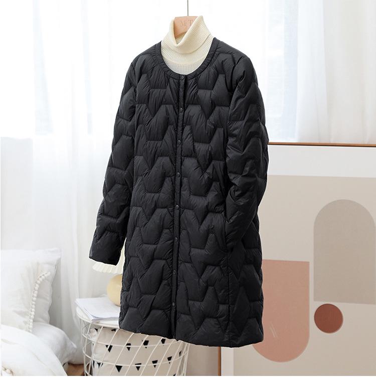 Women's Mid-Length Lightweight Down Jacket - Autumn/Winter, Round Neck, Collarless, Korean Style Trendy Outerwear