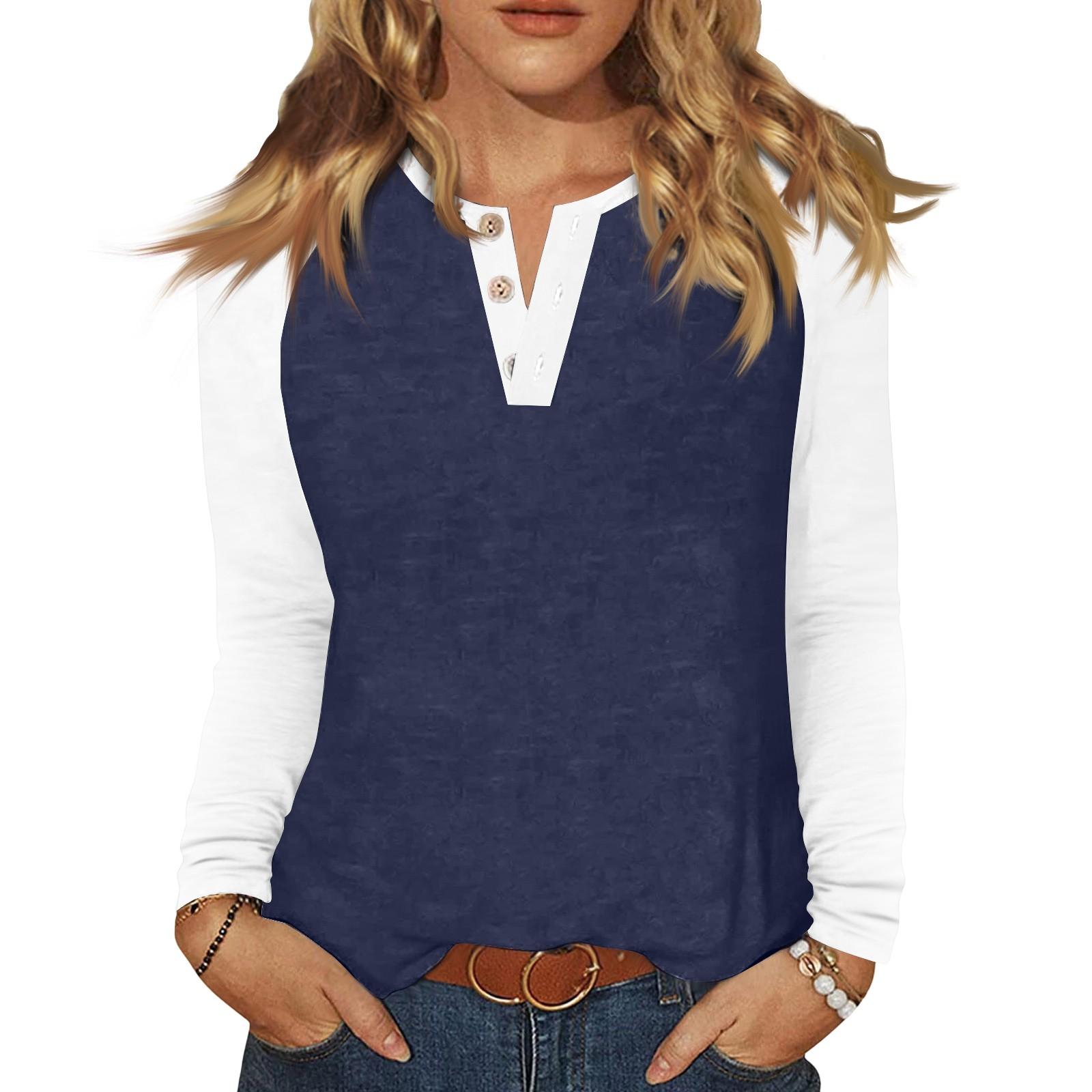 

Women s T Shirt Color Block Button Long Sleeve Daily Weekend Fashion Basic V- Neck Regular Top XXL Темно-синій
