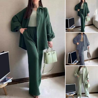 2 Pcs/Set Women Shirt Pants Set Turn-down Collar Single-breasted Long Sleeves Loose Top Elastic Waist Wide Leg Trousers Sport Tracksuit
