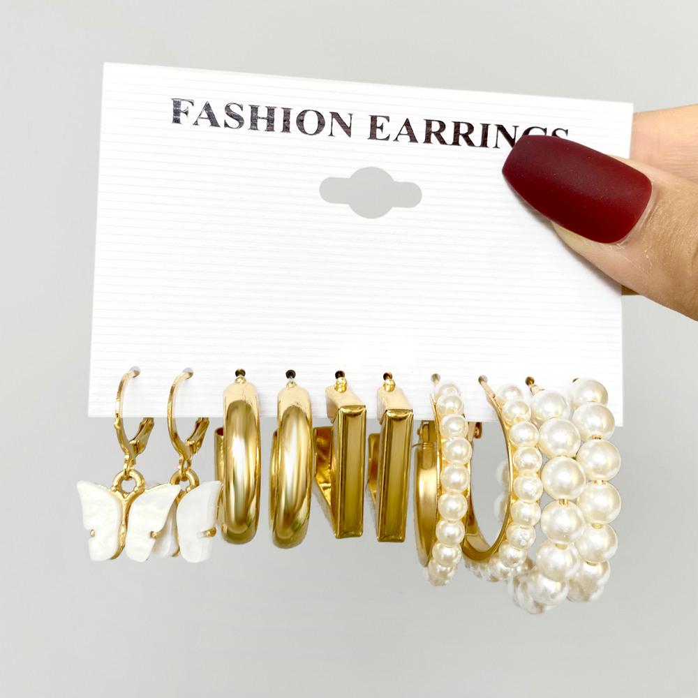5-Pair Retro Leopard & Floral C-Shaped Earrings Set - Creative Personality Silver Hoops