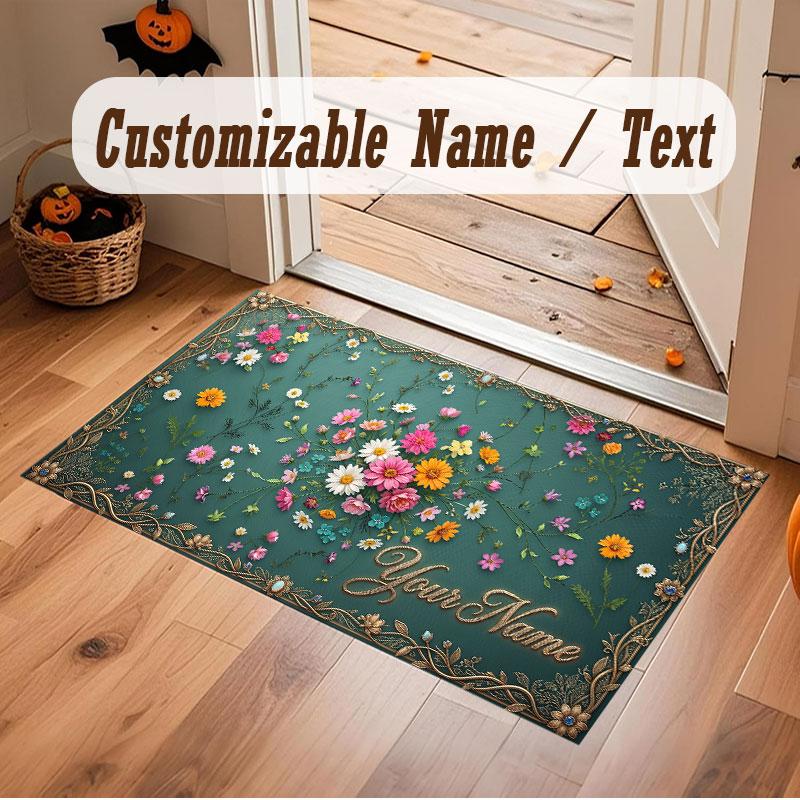 Floral Garden Theme Crystal Velvet Floor Rug Personalized Custom Name Text Warm Carpet Home Decoration