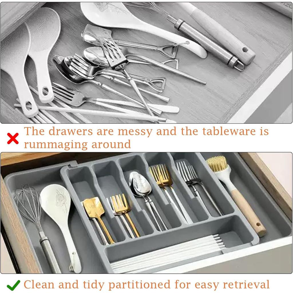 Cutlery Drawer Organiser Expandable Kitchen Drawer Storage Organiser Adjustable Cutlery Tray for Forks, Knives