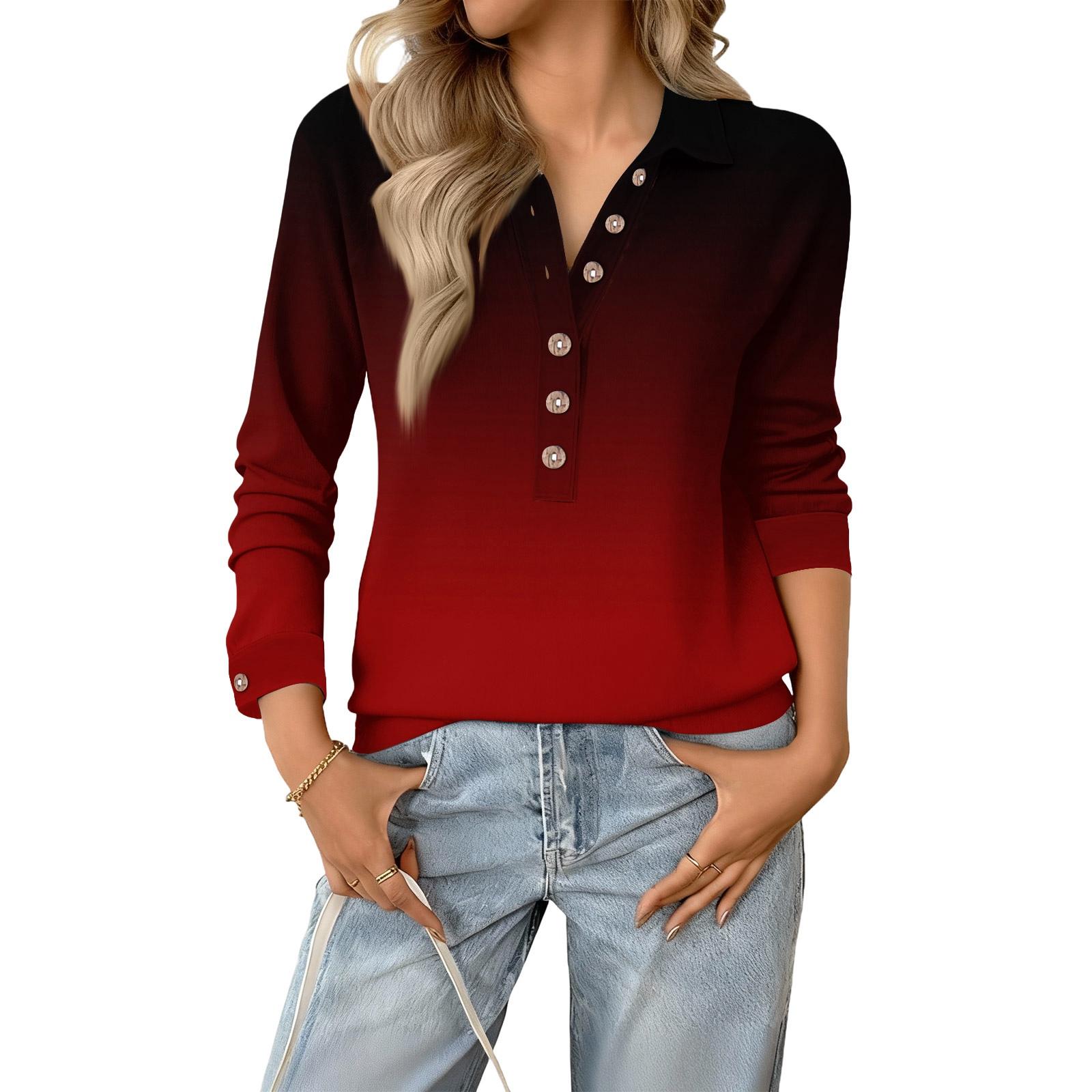 

Women s Retro Street Lazy V,neck Long Sleeve Button Gradient Pullover Top S червоний