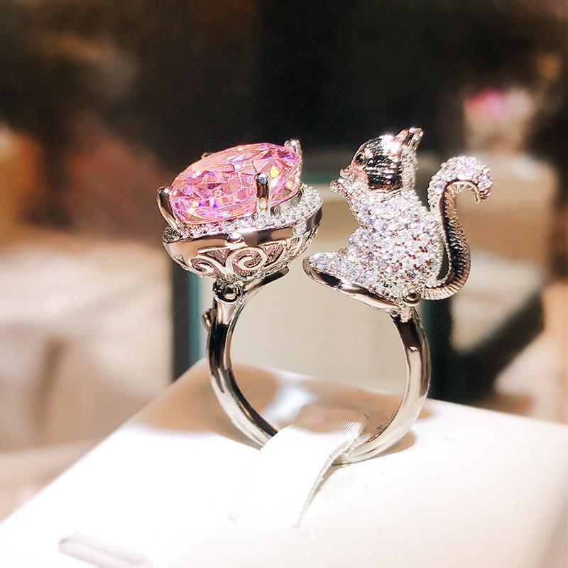 Little Squirrel Pink Diamond Sugar Cube Ring Personalized Haute Couture Design Colorful Treasure Live Birthday Gift