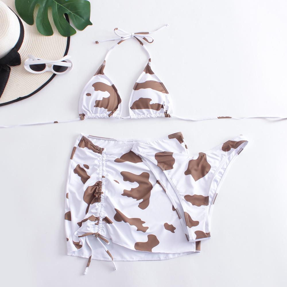 

Women s Milk Print Three-Piece Bikini Swimsuit Set - European & American Style Medium