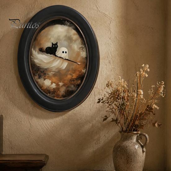 Ghost Oil Painting Print Halloween Wall Decor, Cute Table Sign, Vintage Oval Framed Retro Decor Picture, Decorative Art for Mantel Living Room Bedroom