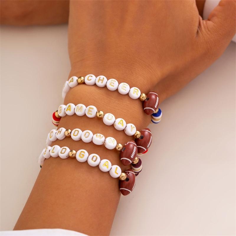 Versatile Unisex Football Charm Letter Beaded Bracelet Elastic Band Handchain for Everyday Wear Street Hand Jewelry