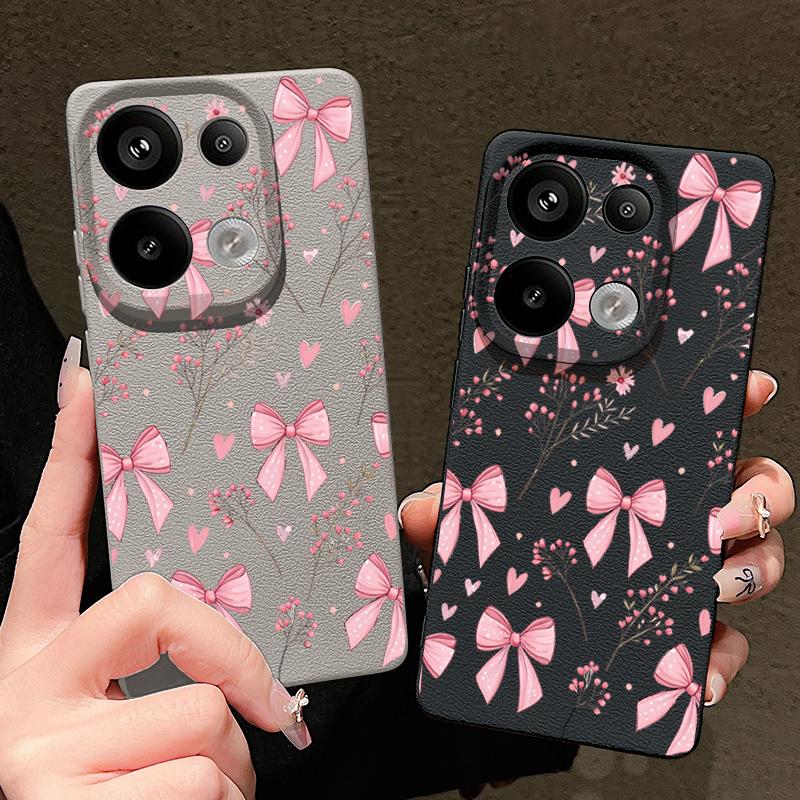 Pink Bowknots Floral Pattern Case For Xiaomi 14T 13T 11T Pro Funda Redmi Note 14 13 12 11 Pro 5G 4G Leather Texture Silicone Cover