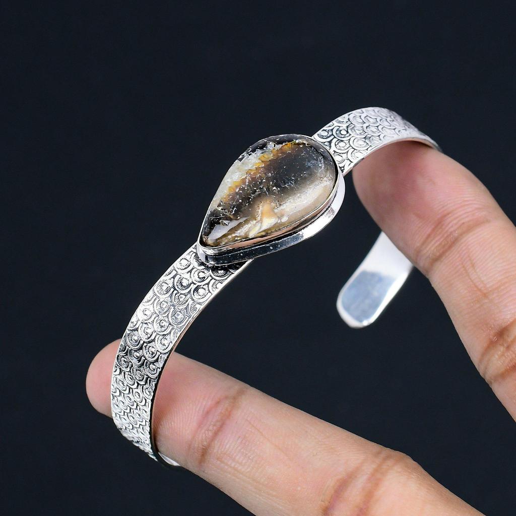 Jubiläumsgeschenk für sie Natürlicher Septarien Edelstein Armreif Verstellbar 925 Silber