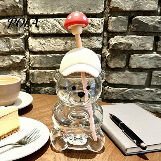 Removable Straw Heads Cute Bear Glass Cup with & Lid, 500/591ml Plastic/Glass Water Bottle for Cold/Hot Drinks, Pattern Coffee Mug Adults, Home Office