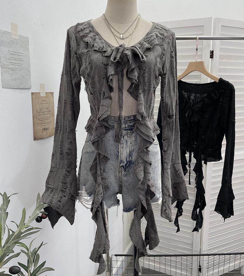 Post-Apocalyptic Style Ruffled Tie-Up Ripped Cardigan, Long-Sleeve Outer Layer