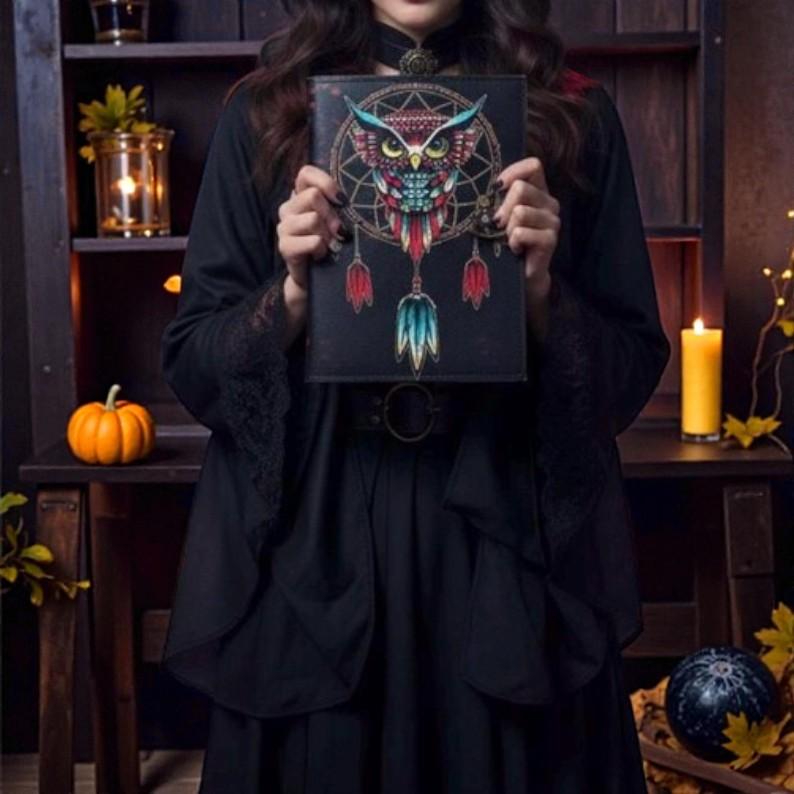 Handmade Leather Owl Dreamcatcher Journal | 5x7" Vintage Notebook | 200 Deckle Edge Pages | Witchy Boho Diary with Lock | Spiritual Writing Book