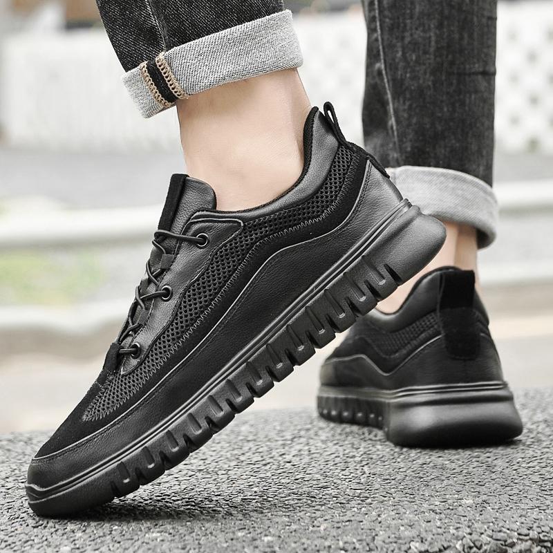 Fashion Trendy Brand Men's Genuine Leather Shoes Breathable Mesh Outdoor Hiking Shoes Simple Versatile Men's Sports Leisure Shoes