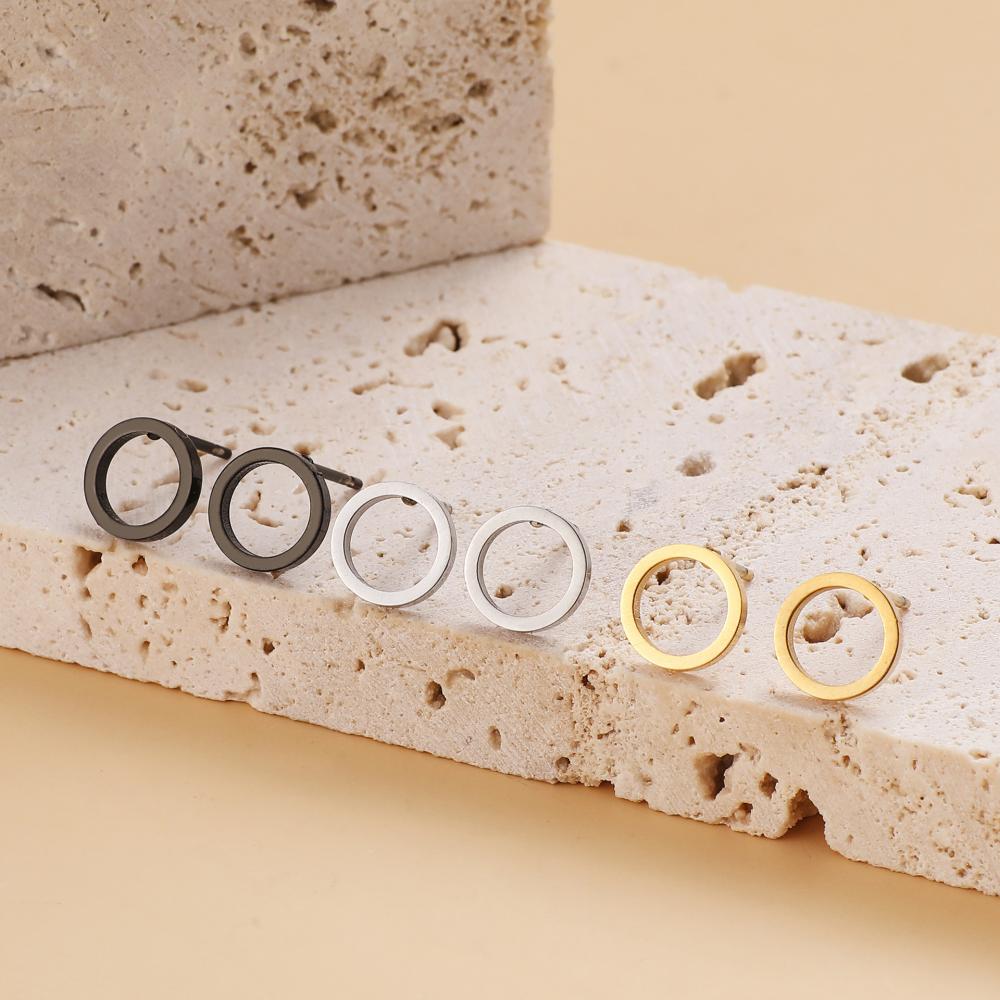 Stainless Steel Round Stud Earrings For Women Girl Gold Color Geometric Circle Fashion Ear Zircon Birthday Party Gift Wholesale