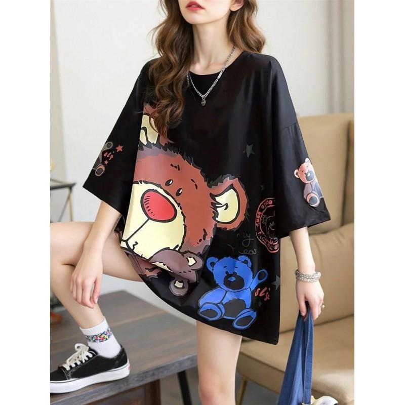 Soft Plush Bear Print Casual Loose Fit Short Sleeve Round Neck T-Shirt Women Men Youth