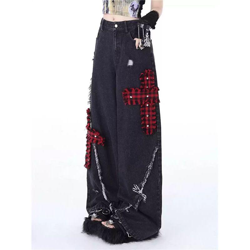 Women's Black Gothic Baggy Y2k Jeans Vintage Streetwear Cowboy Pants Harajuku Denim Trousers Aesthetic Emo Trashy Clothes