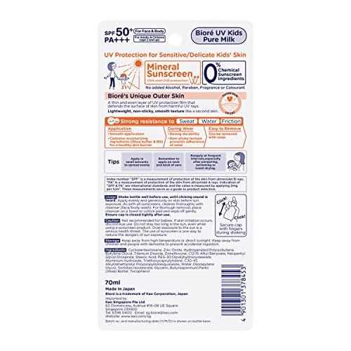 Biore UV Kids Pure Milk Sunscreen 70ml SPF50 / PA+++ features mineral barrier formula free absorbers designed unscented.