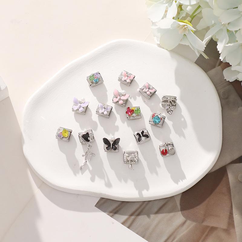 Shiny Colorful Crystal Butterfly Bow Knot Heart Italian Charm Links Fit 9mm Stainless Steel Bracelet Women Y2K DIY Making Gift