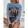 Round Neck 3D Witch Printed Top Casual Long Sleeved Women's T-shirts - Soft Medium Stretch Polyester Fabric Spring and Autumn Relaxed Fit Clothing