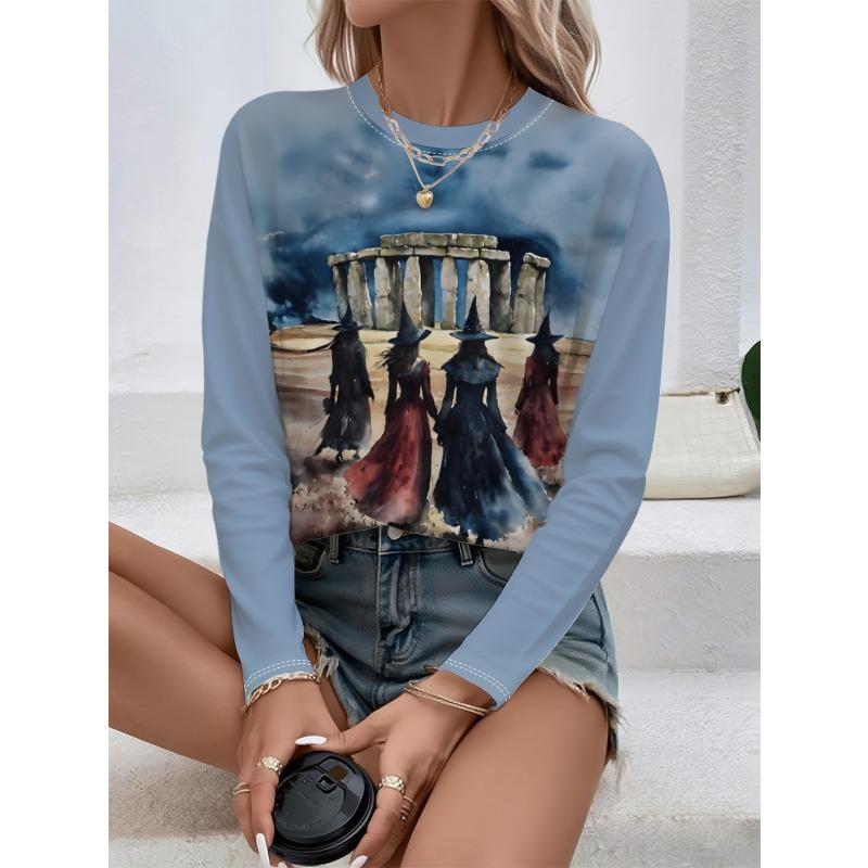 Round Neck 3D Witch Printed Top Casual Long Sleeved Women's T-shirts - Soft Medium Stretch Polyester Fabric Spring and Autumn Relaxed Fit Clothing