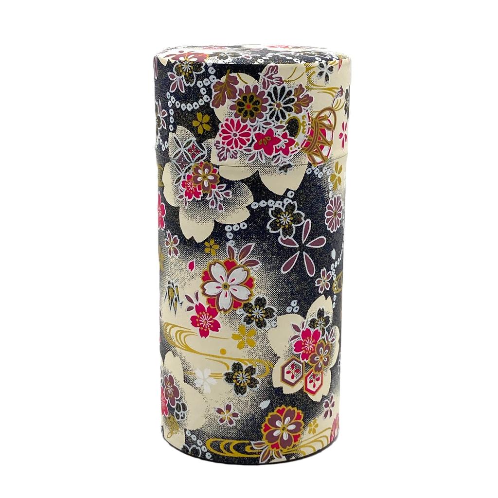 Noguchi Kumataro Tea Garden Tea Caddy, Large Capacity 200g, with Washi Paper and Inner Lid, Hana-tsuzumi Design, Navy Blue and Black, Made In Japan,