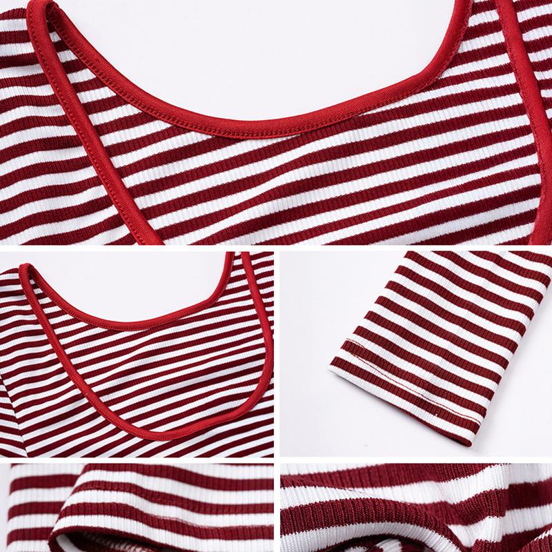 Ladies Spring Autumn Long Sleeve Round Collar Backless Striped Slim Fit Pullover Bare Midriff T Shirt Top