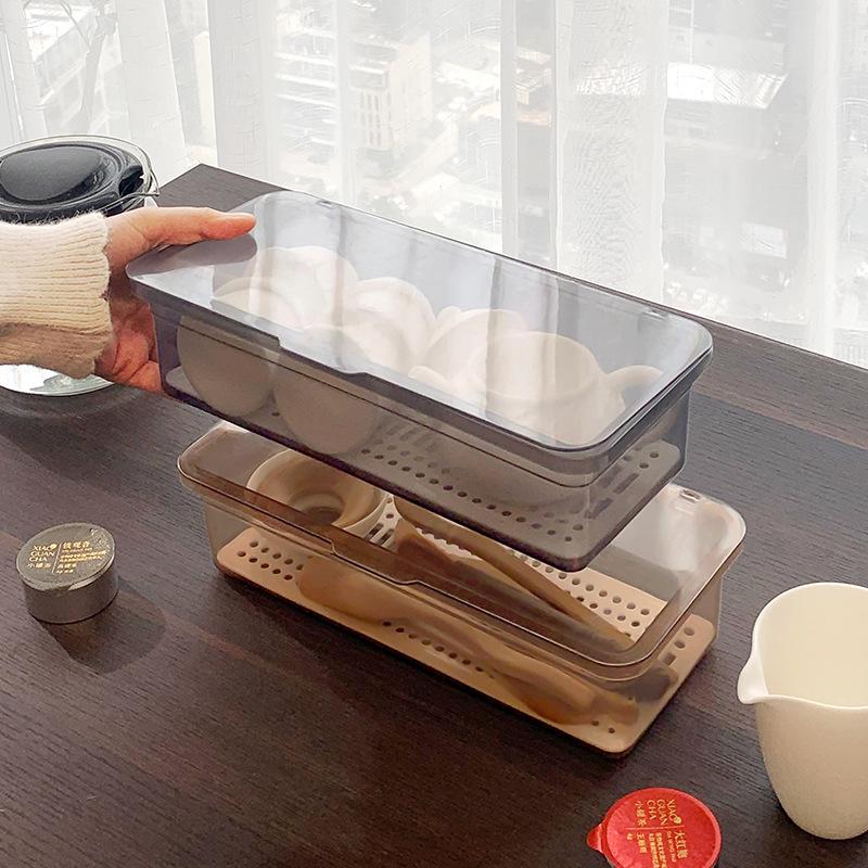 Transparent Dustproof Chopsticks Holder & Tea Set Storage Box with Draining Lid - Home Kitchen Tableware Organizer