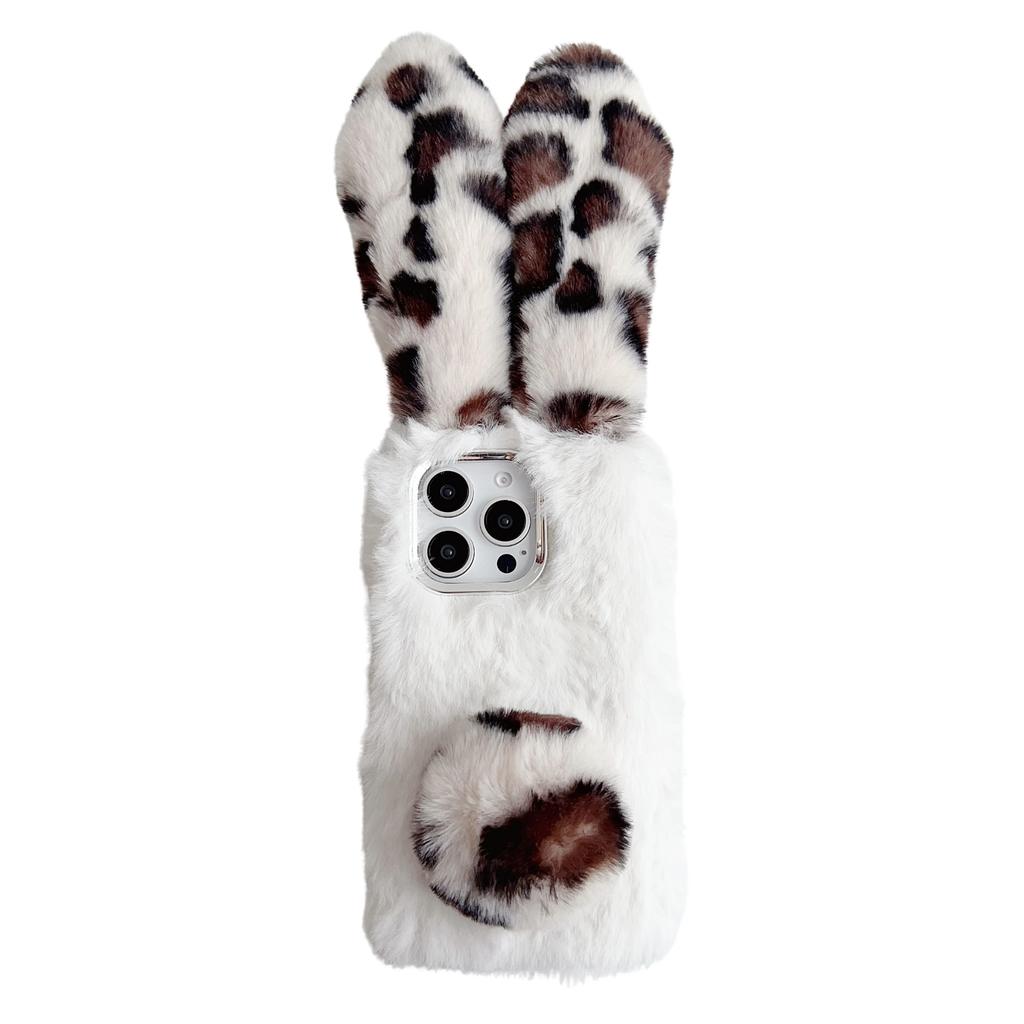 For iPhone 16 Pro Max Case Fluffy Leopard Splicing Bunny Plush TPU Phone Cover