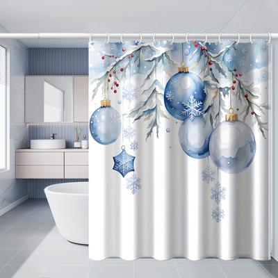Christmas Blue Ball Snowflake Printed Shower Curtain, High Quality Polyester Fabric with Hooks
