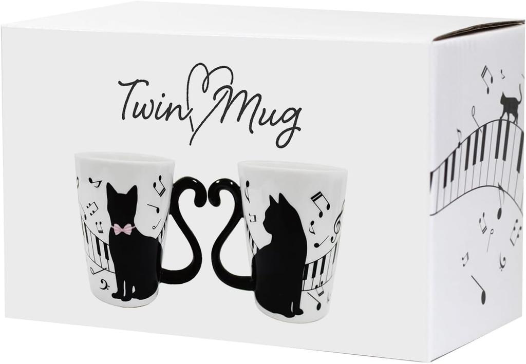 Artha Twin Black Cat Piano Dishwasher and Microwave Stylish Mugs with Tail Arranged To Form a Heart Shape Mugs, Pair, 300ml, Safe, Porcelain, Handles,
