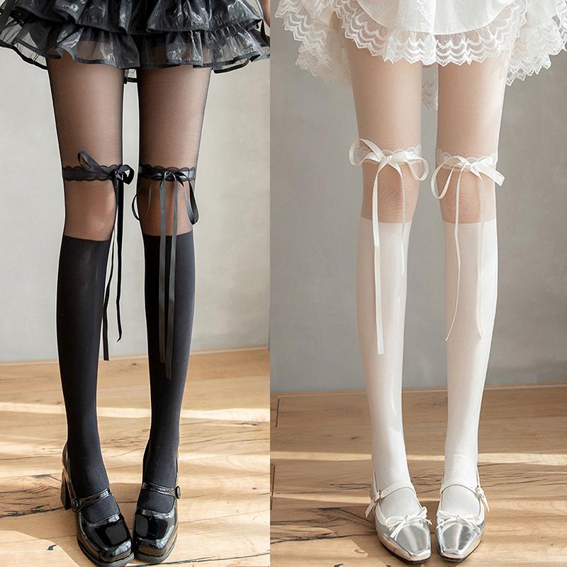 Versatile Fashion Bow Lace Stockings For Women Girls Sexy Anti Hooking Pantyhose Spring Summer Black Beige Thin Lolita Leggings