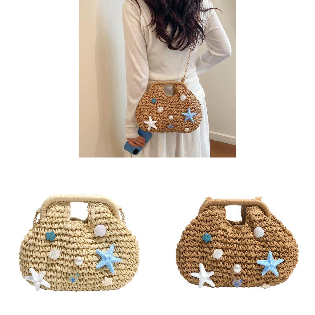 Beach Vacation Straw Bag With Shell Shape And Chain Strap For Summer Resort Wear