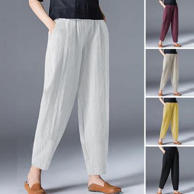 Ladies Long Pants With Pockets Elastic Waist Wide Leg Ninth Pants Casual Wear Temperament Women Fashion Loose Linen Trousers