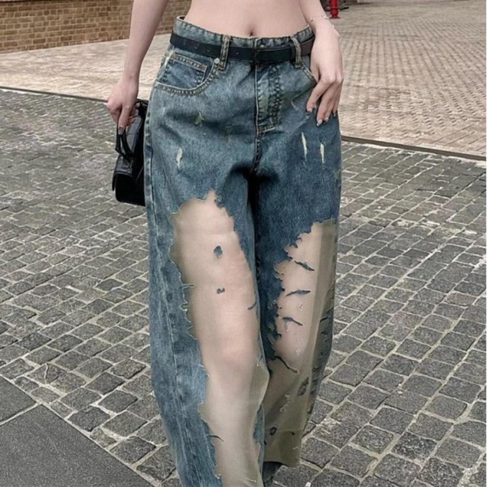High Waist Casual Mesh Jeans Loose Baggy Pants Unique Wide Leg Denim Pants  Daily