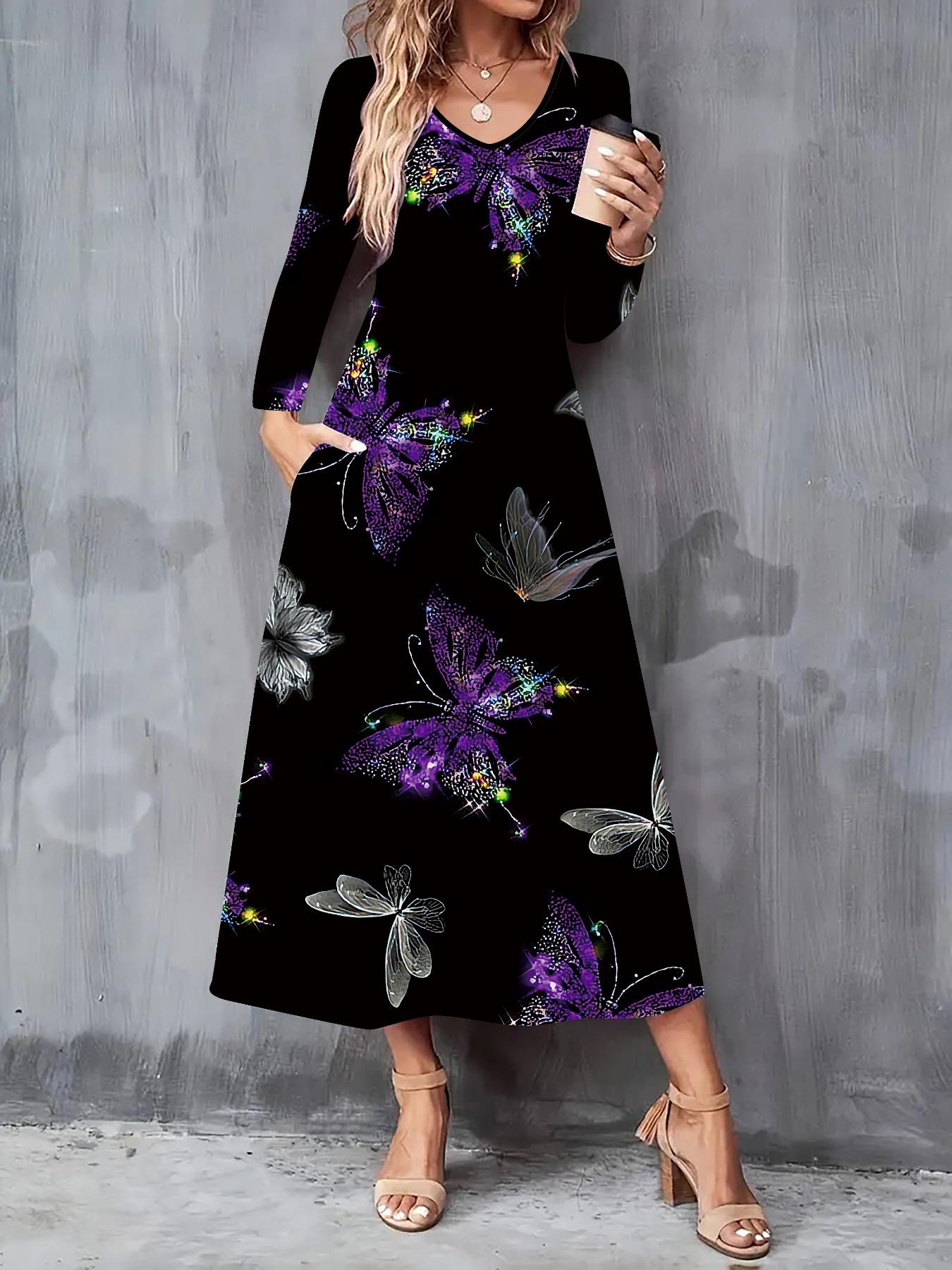 

2025 Осінньо-зимовий новий жіночий повсякденний модний плаття 3D принт метеликів Довгий рукав V-подібний виріз А-силует сукні XXL чорний